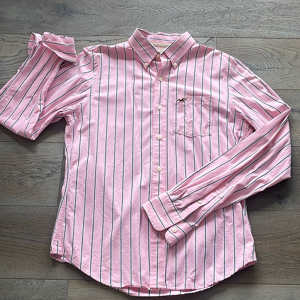 Hollister Pink Navy White Stripe Long Sleeve Button Down Shirt Size Large